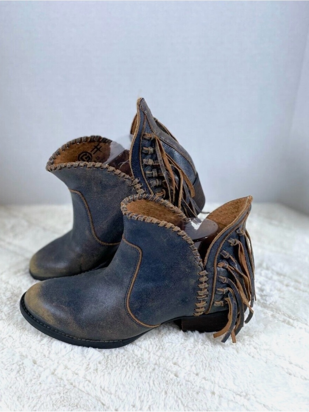 Circle G Fringed Ankle Western Booties in Distressed Navy